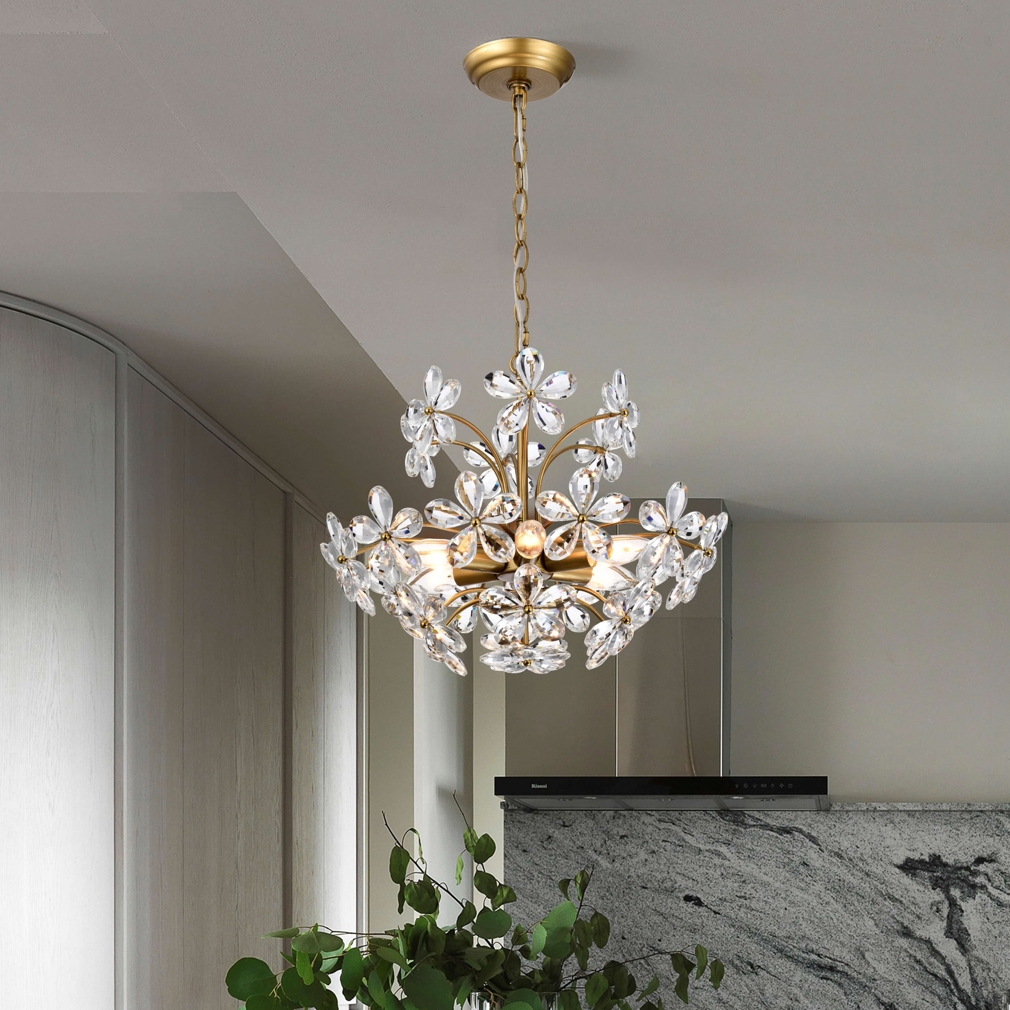Rosa 6-Light Brushed Brass Crystal Flower Chandelier