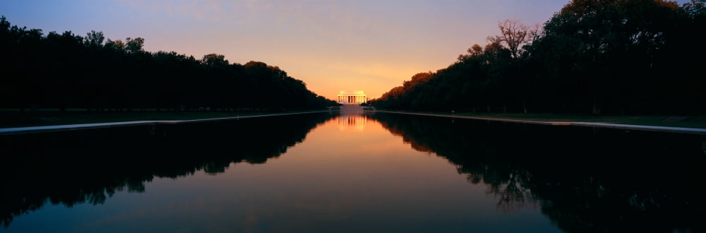 The Lincoln Memorial at Sunset with mirror image from reflecting pool in Washington DC Canvas Art - Panoramic Images (27 x 9)