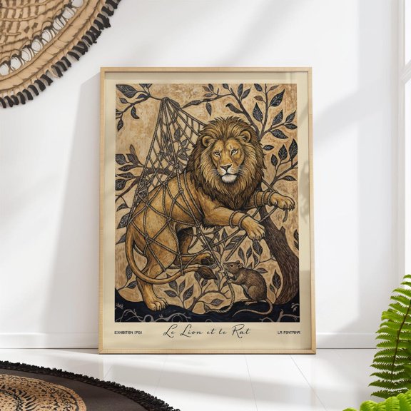 The Lion and the Rat Art La Fontaine Fable Botanical Woodland Decor, Unframed Paper Poster 8x10in