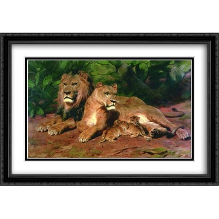 The Lion at Home 2x Matted 40x28 Large Black Ornate Framed Art Print by Rosa Bonheur