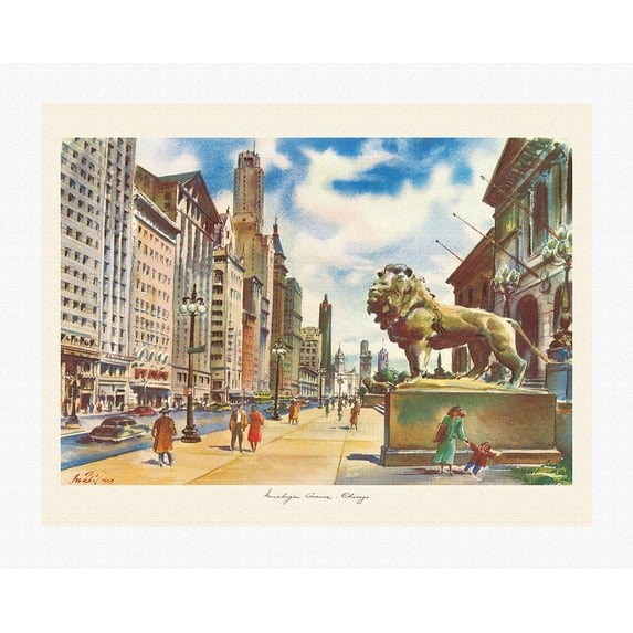 The Lions of Michigan Avenue - Chicago Illinois - Vintage Travel Poster by Joseph Fehér c.1949 - Fine Art Rolled Canvas Print 20in x 26in