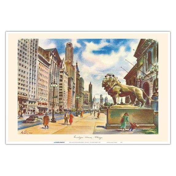 The Lions of Michigan Avenue - Chicago Illinois - Vintage Travel Poster by Joseph Fehér c.1949 - Master Art Print (Unframed) 13in x 19in
