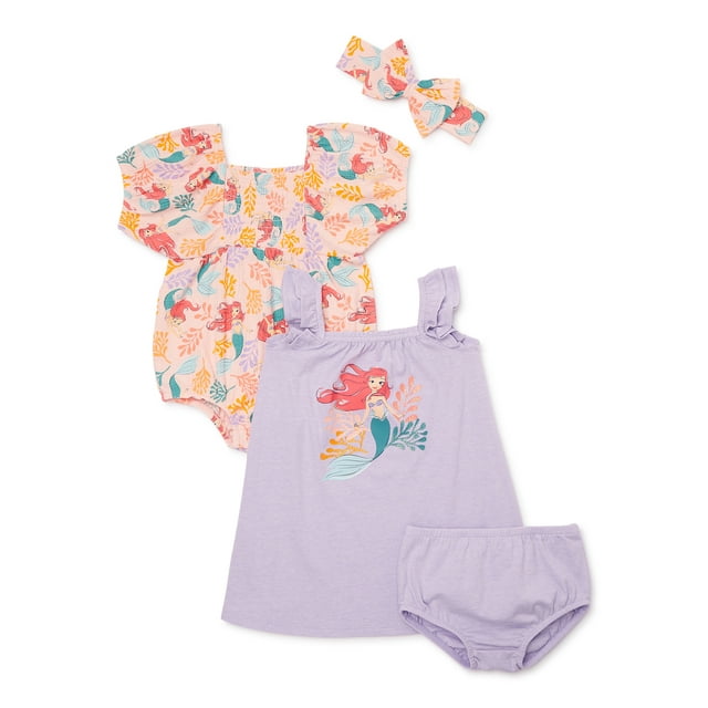 The Little Mermaid Baby Girl Sundress, Romper and Diaper Cover Outfit Set with Headband, Sizes 0/3M-24M