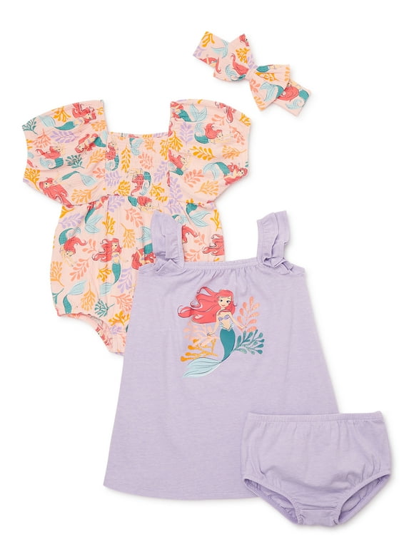 The Little Mermaid Baby Girl Sundress, Romper and Diaper Cover Outfit Set with Headband, Sizes 0/3M-24M