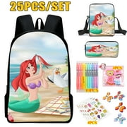 The Little Mermaid Casual School Bags Exquisite Art Painted Anime Ariel Backpack with Pen Bag 25Pcs/Set for Kids Boys Girls for Party