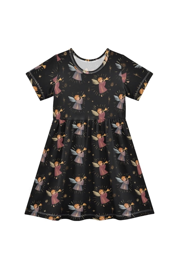 The Little Sprite Plays The Suona Short Sleeve Dress A-Line Cute Midi Casual Sundress 2-8 Years