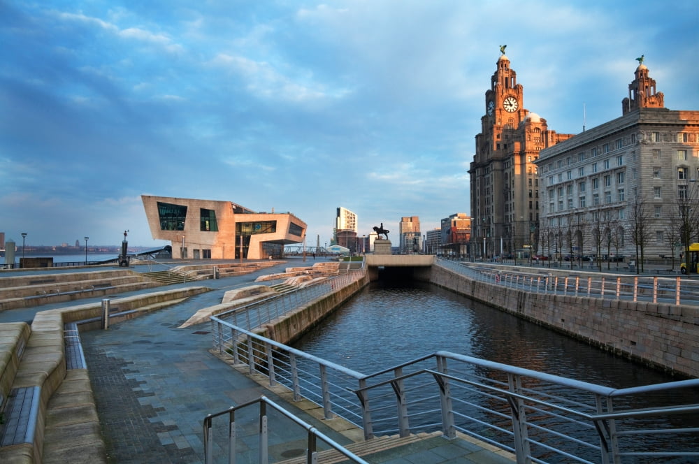 The Liver Buildings and the new Pier Head Ferry Terminal Liverpool Merseyside England Canvas Art - Panoramic Images (12 x 36)