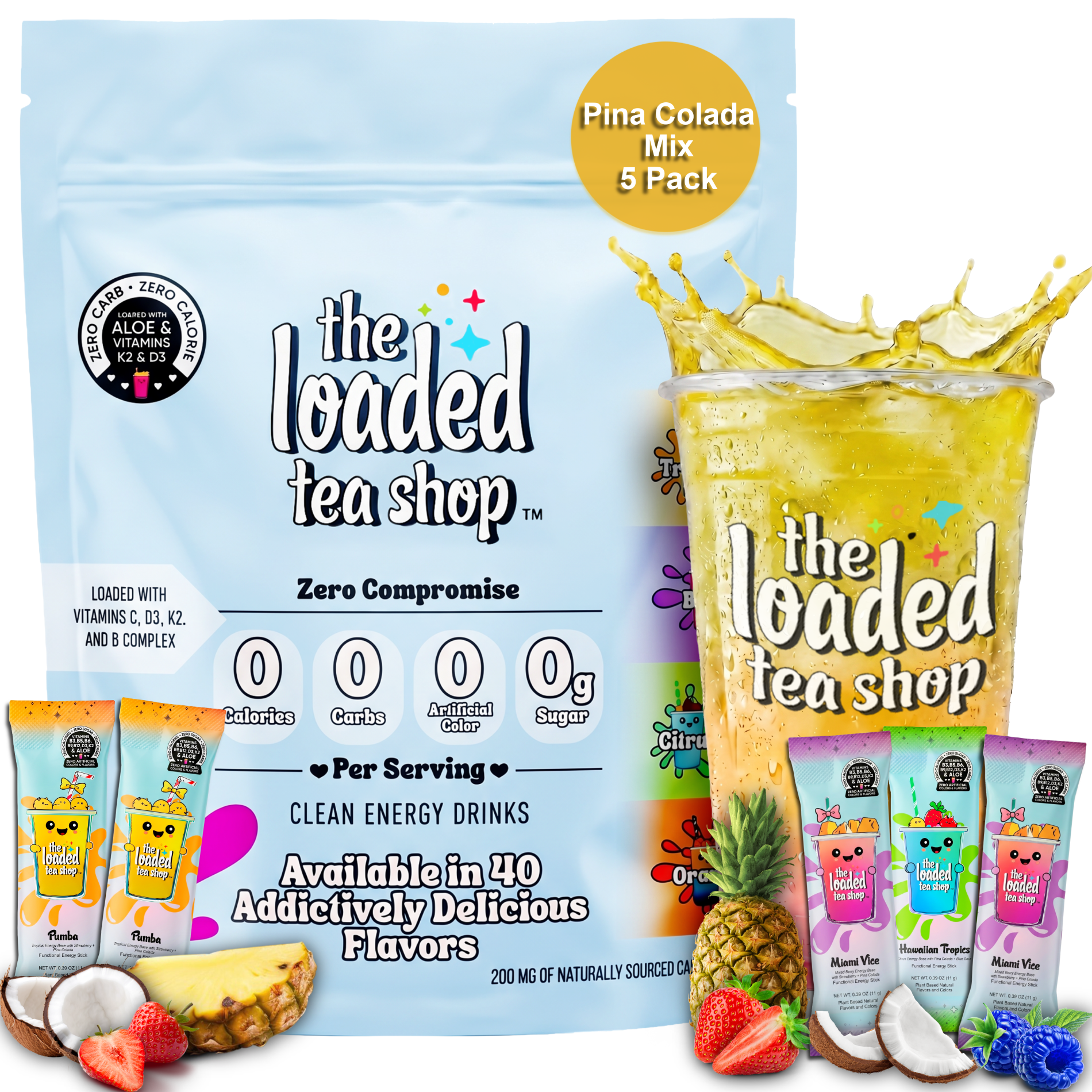 The Loaded Tea Shop Pina Colada Energy Drink Mix Sticks, Sugar Free, 5 ...