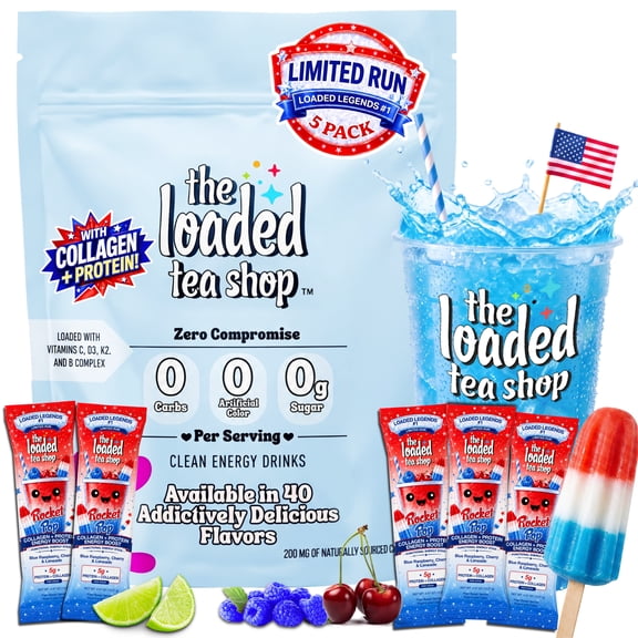 The Loaded Tea Shop Rocket Pop Collagen + Protein Energy Drink Mix, 5ct