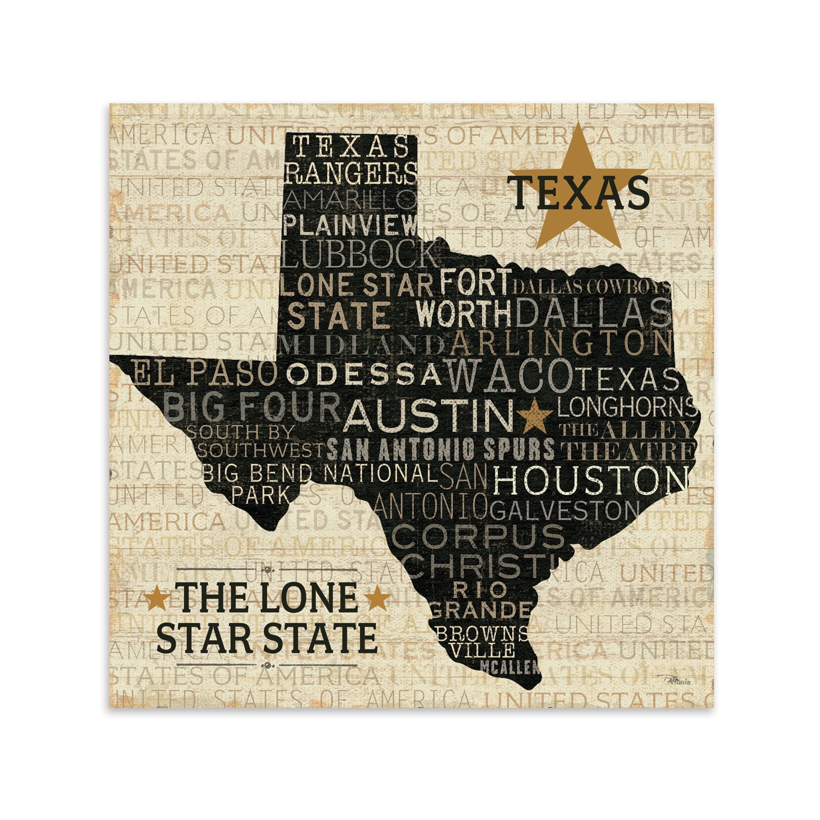 The Lone Star State Texas City Typography Print by Pela Studios; One 12x12in Poster Print