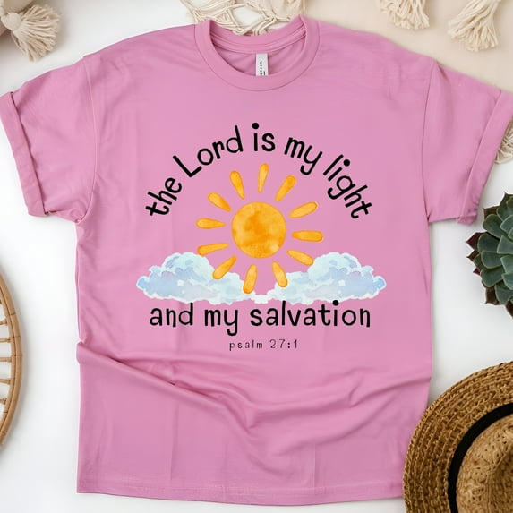 The Lord Is My Light T-Shirt – Psalm 27:1 Christian Sun and Cloud Tee, Azalea, Size 2XL