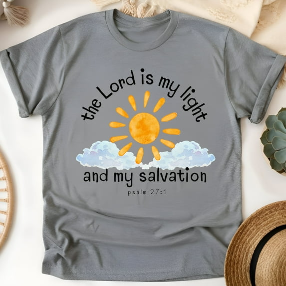 The Lord Is My Light T-Shirt – Psalm 27:1 Christian Sun and Cloud Tee, Graphite Heather, Size M