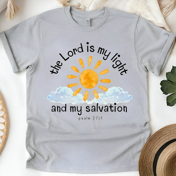 The Lord Is My Light T-Shirt – Psalm 27:1 Christian Sun and Cloud Tee, Sport Grey, Size 4XL