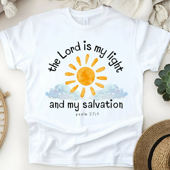 The Lord Is My Light T-Shirt – Psalm 27:1 Christian Sun and Cloud Tee, White, Size S
