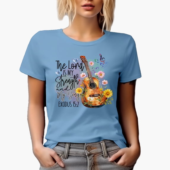 The Lord Is My Strength and My Song Exodus 15 2 Bible Verse with Guitar Art Merch Gift, Baby Blue T-Shirt, 2XL