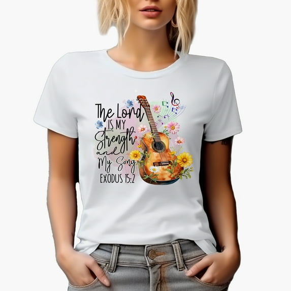 The Lord Is My Strength and My Song Exodus 15 2 Bible Verse with Guitar Art Merch Gift, White T-Shirt, XL
