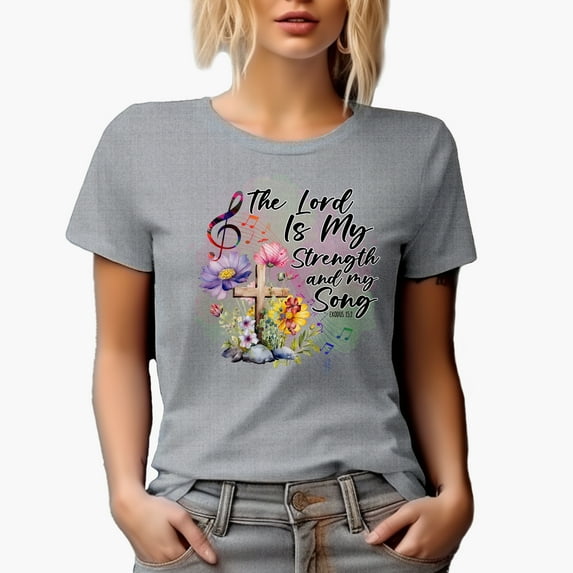 The Lord Is My Strength and My Song Exodus 15 2 Bible Verse with Music Notes Art Merch Gift, Heather Grey T-Shirt, 2XL