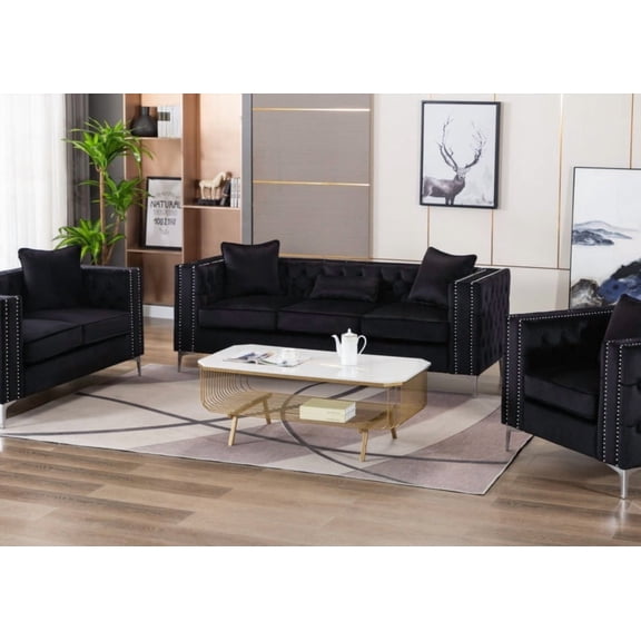 The Lorreto 86" Black Velvet Sofa featuring Double Nail-Head Trim and Low Back for Lumbar Support
