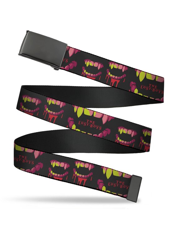 Adjustable Belt, Clamp Buckle, Cut-to-Fit, The Lost Boys Teeth Fangs Logo Collage Black Reds Yellows