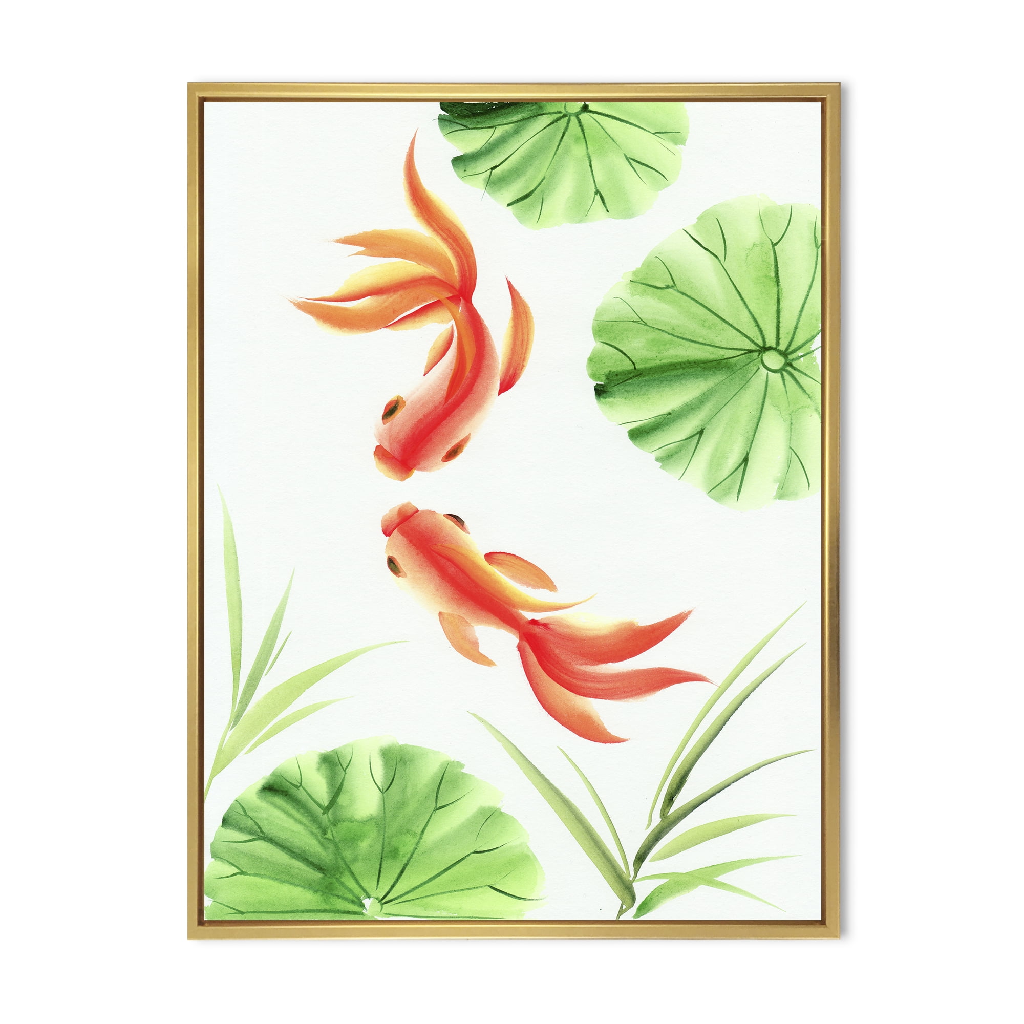 The Lotus Leaves With Goldfishes 12 in x 20 in Framed Painting Canvas Art Print, by Designart