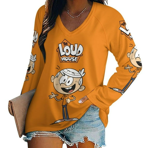 The Loud House Womens T Shirts V Neck Long Sleeve Tops Causal Loose Summer T-Shirts 2XL