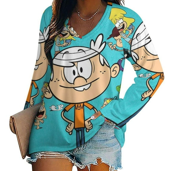 The Loud House Womens T Shirts V Neck Long Sleeve Tops Causal Loose Summer T-Shirts XL