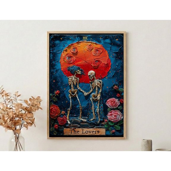 The Lovers Tarot Card Skeleton Gothic Wall Decor Impasto Mystical Skull Art Witchy Occult, Unframed Poster