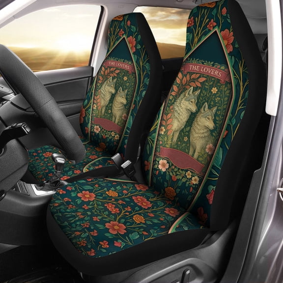 The Lovers Wolf Car Seat Covers – Vintage Botanical Forest Floral Design Car Seat Cover Set, Romantic Gothic Aesthetic Auto Interior Decor