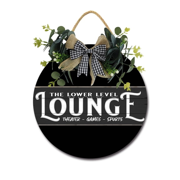 The Lower Level Lounge Theater Games Sports Sign Farmhouse Wood Sign Front Porch Decor Rustic Wooden Sign Wall Decor Hanging Wooden Decorations with Bow-Knot for Home Porch Wall Door, 11 x 11 inch