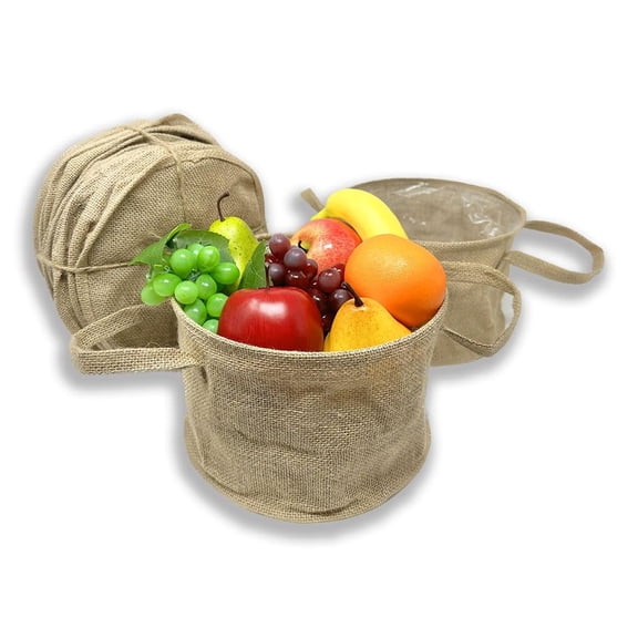 The Lucky Clover Trading Company 12 Pack 9.5" Round Jute Gift Baskets with Handles, Wire Rim and Plastic Liner for Bread, Fruit and Home Storage