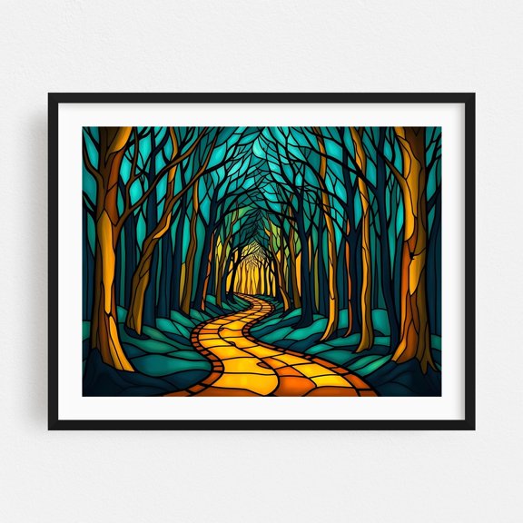 The Luminescent Path - Illustration Abstract Forest Nature Mystical Woodland Black Framed Wall Art Print 12 x 16 inches