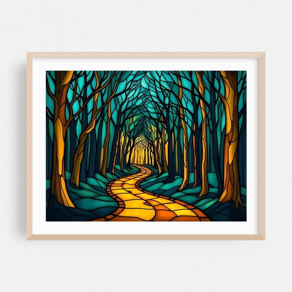 The Luminescent Path - Illustration Abstract Forest Nature Mystical Woodland Oak Framed Wall Art Print 5 x 7 inches