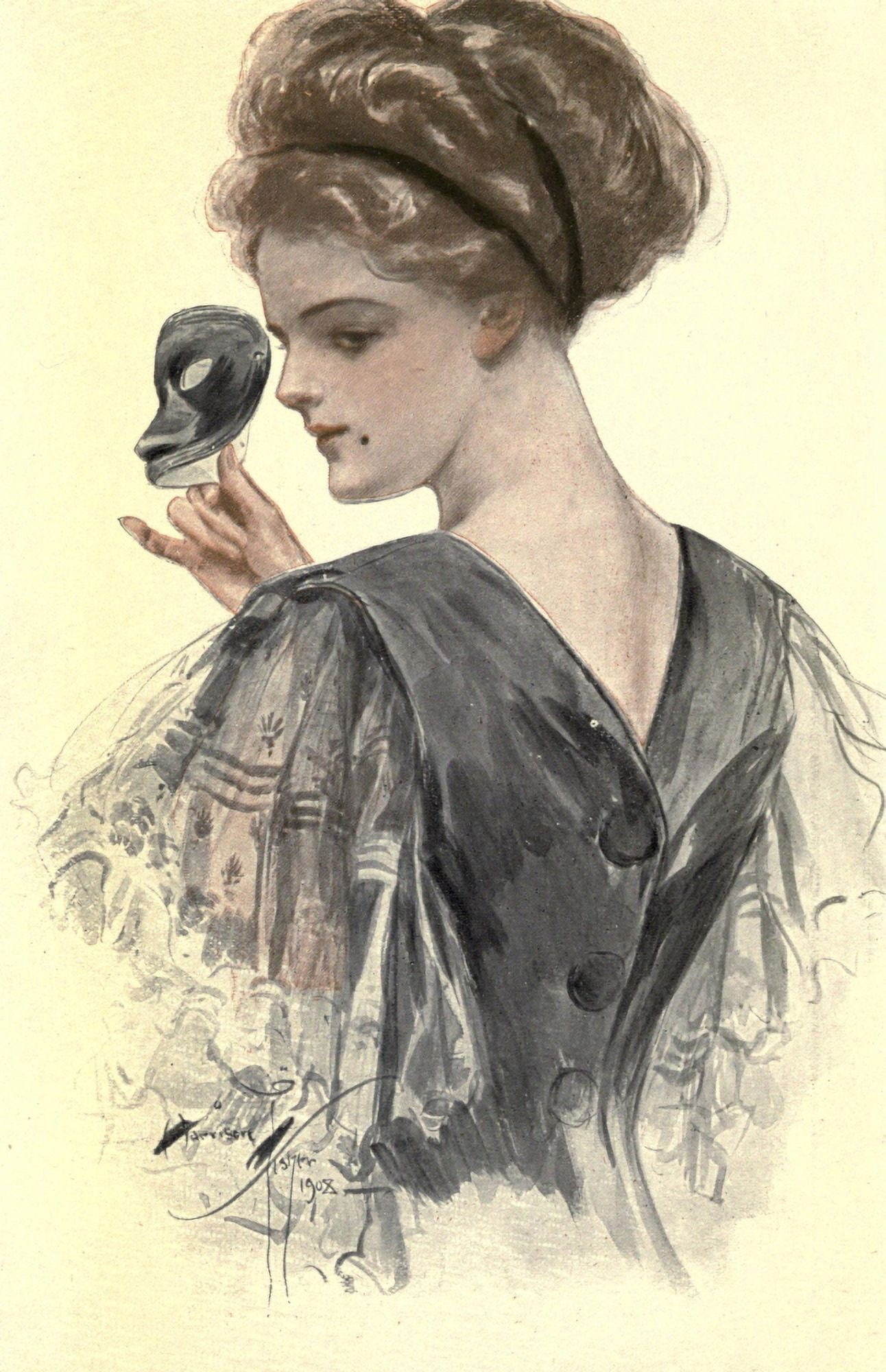 The Lure of the Mask 1908 Woman with mask Canvas Art - Harrison Fisher (18 x 24)