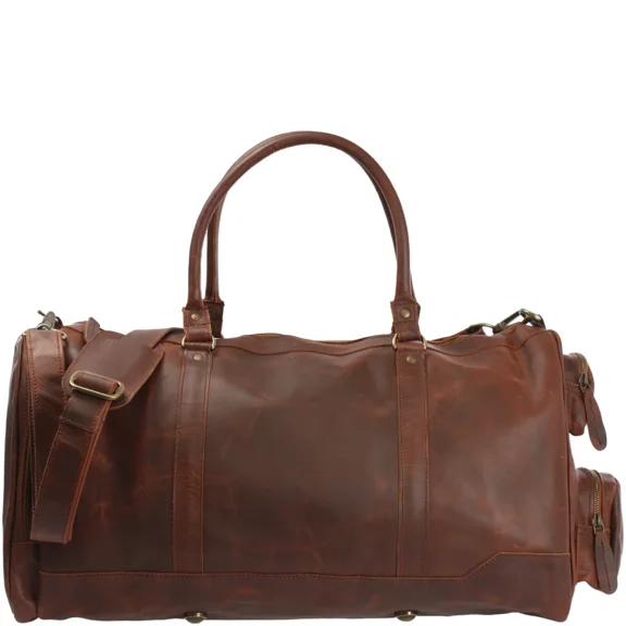 The Luxe Leather Duffel Bag, Full-Grain Cowhide, Handmade Travel Weekender, Brown, Mens