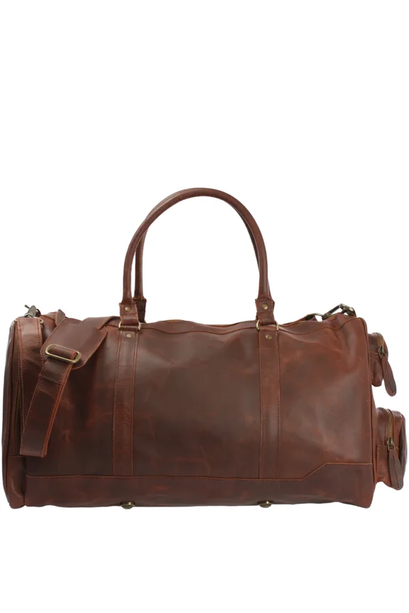 Duffel Bag, Full-Grain Cowhide, Handmade Travel Weekender, Brown, Mens