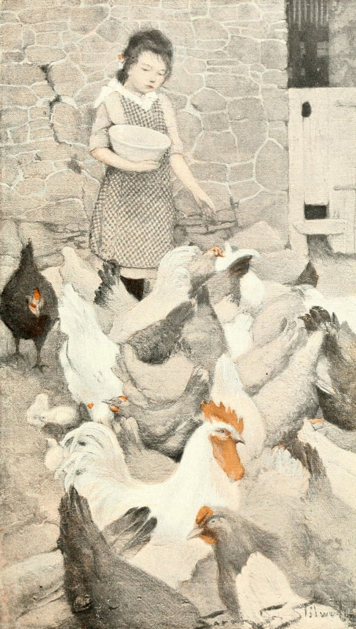The Luxury of Children 1904 Feeding the chickens Canvas Art - Sarah S Stilwell (18 x 24)