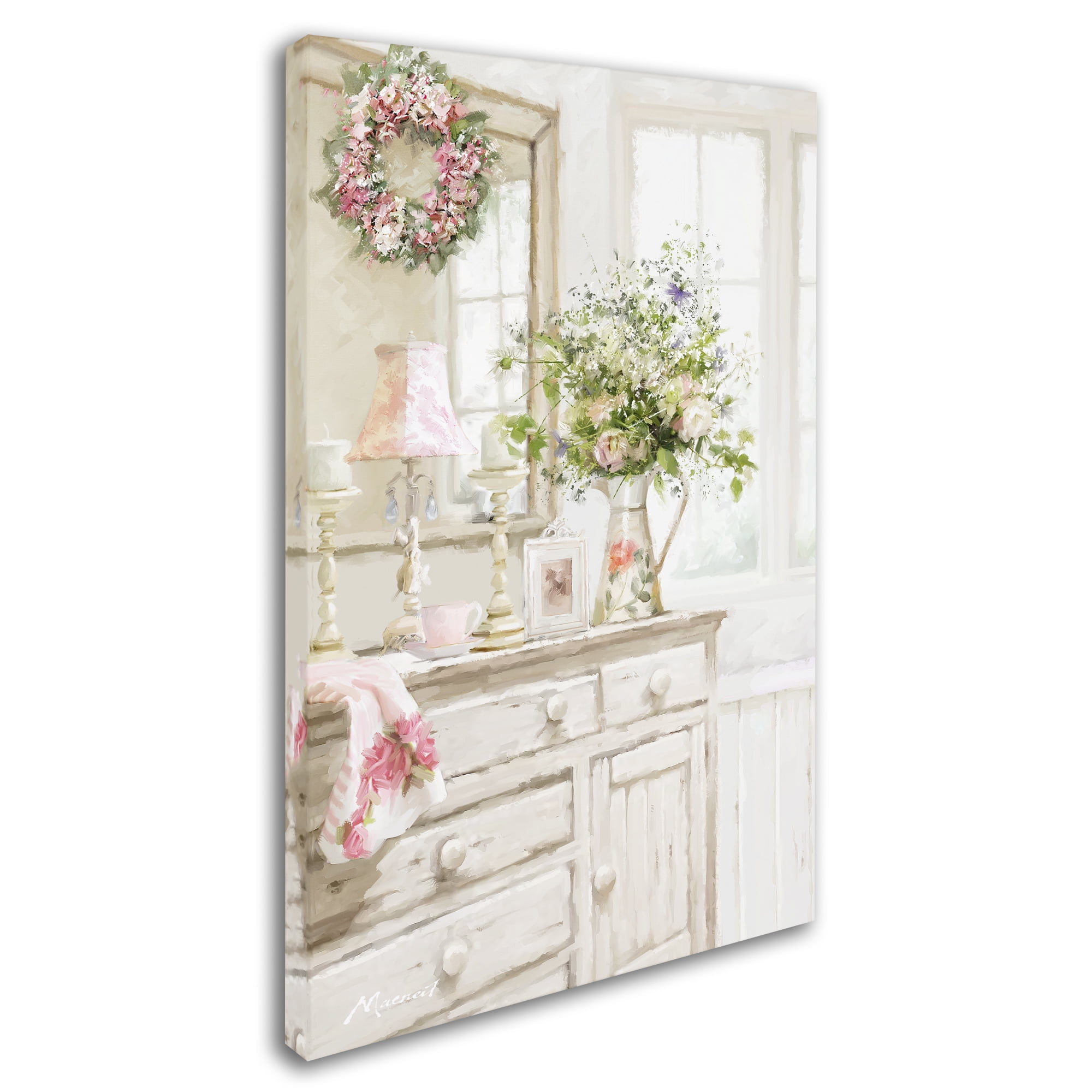Shabby Chic Floral Decor on Canvas in Light Beige and Pink