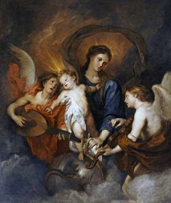 The Madonna and Child With Two Musical Angels Canvas Art - Sir Anthony Van Dyck (24 x 24)