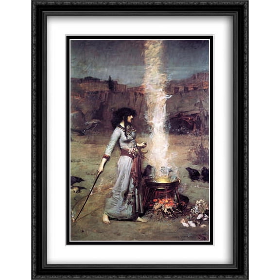 The Magic Circle 2x Matted 28x36 Large Black Ornate Framed Art Print by John William Waterhouse