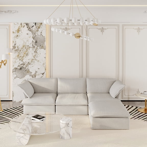 The Magic Home 122" Modular Sectional Sofa with Movable Ottoman, L Shaped Cloud Couch for Living Room, 3-Seat, Beige Sofa