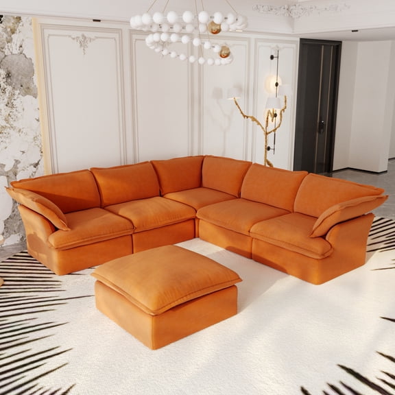 The Magic Home 122" Modular Sectional Sofa with Movable Ottoman, Modern Cloud Couch with Corner Seat for Living Room, 5-Seat, Orange Sofa