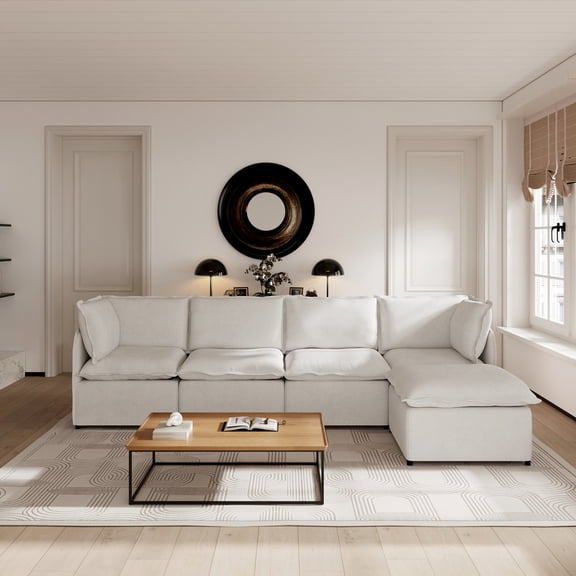 The Magic Home 128" 4-Seat L Shaped Modular Sectional Couch with Movable Ottoman, Oversized Deep Seat Cloud Sofa for Large Living Room, White Couch