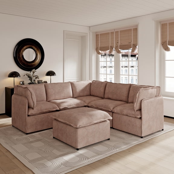 The Magic Home 96" 5-Seat L Shaped Modular Sectional Couch with Movable Ottoman, Oversized Deep Seat Cloud Sofa Set for Living Room, Khaki Couch