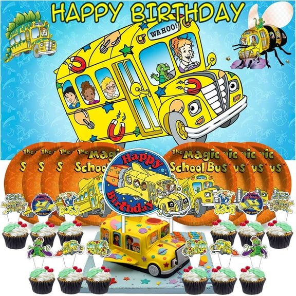 The Magic School Bus Birthday Supplies Plates Decorations Decor Backdrop Banner Cake Topper Fans