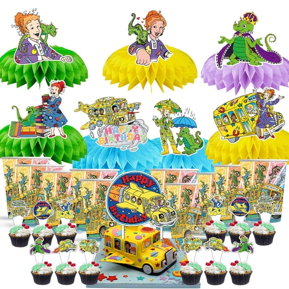 The Magic School Bus Party Supplies Decor Cups Fans Decorations Honeycomb Centerpieces Cake Toppers