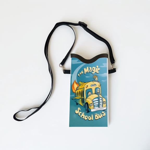 The Magic School Bus phone bag phone satchel(18.3*10cm), featuring an adjustable strap small pouch ideal for carrying most smartphones.