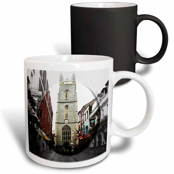 3drose, the Main Street of Cardiff Wales with a Disc of Color Highlighted and Edges of City Black and White, 11oz Magic Transforming Mug