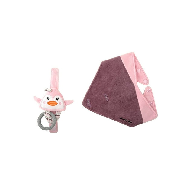 The Makers of the Munch Mitt Introduce the Buddy Bib, 3 in 1 Bandana Drool Bib - Sensory Toy, Teething Ring, Plush Pacifier Holder - Pinky Penguin
