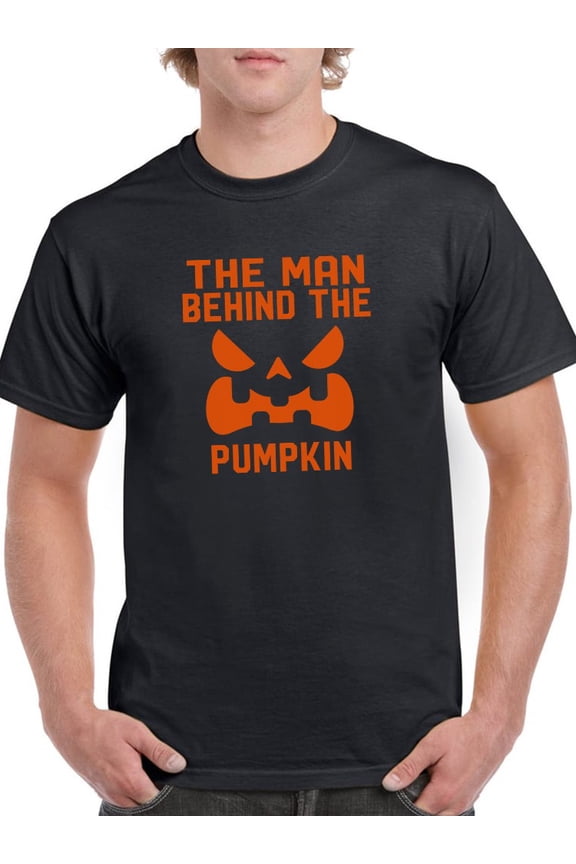 "The Man Behind The Pumpkin" Halloween Costume Men Black T-Shirt, Male Large