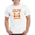 thumbnail image 1 of "The Man Behind The Pumpkin" Halloween Costume Men White T-Shirt, Male Small, 1 of 4